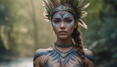 Woman in feather headband and body paint