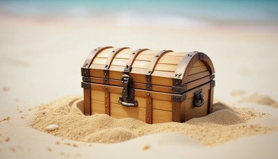 Wooden treasure chest on beach