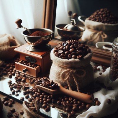 Coffee beans and grinder on tabletop