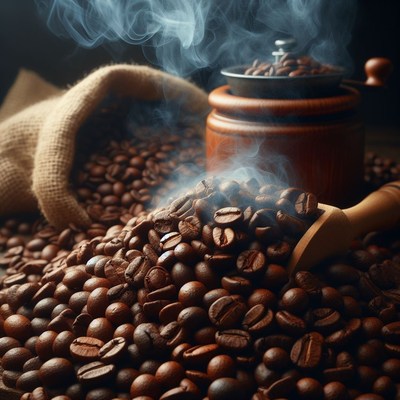 Roasted coffee beans with steam