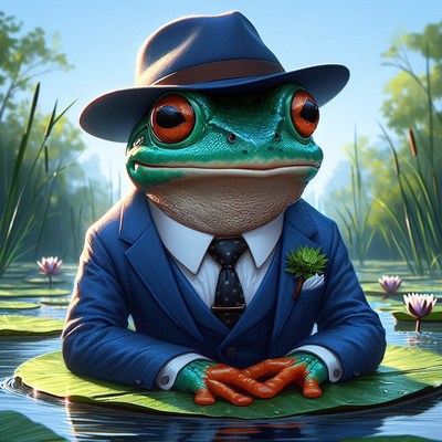 Frog in a suit on a lily pad