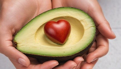 Hands holding avocado with heart