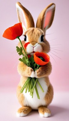 Bunny holding poppies