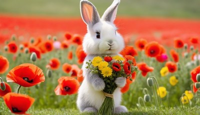 Rabbit holding flowers in poppy field