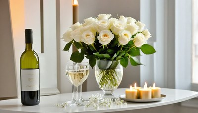 Romantic dinner setting with white roses