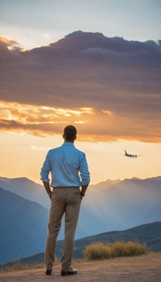Man watching airplane at sunset
