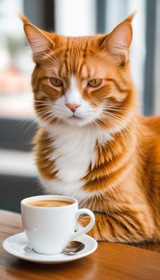 Orange cat enjoying coffee