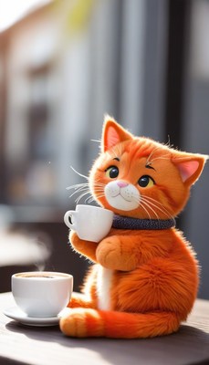 Orange cat enjoys coffee