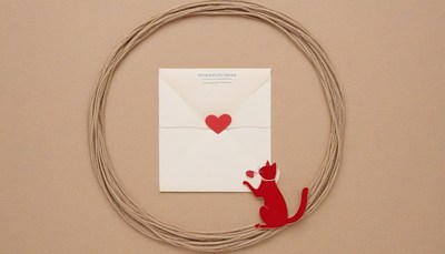 Red cat and heart necklace on tan background