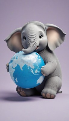 Baby elephant holding globe