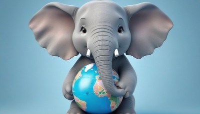 Cute elephant holds globe