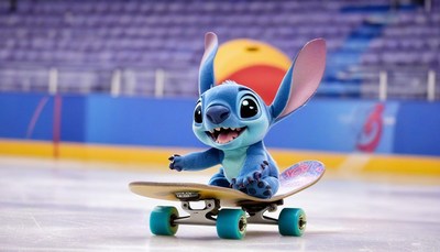 Stitch skateboards in arena