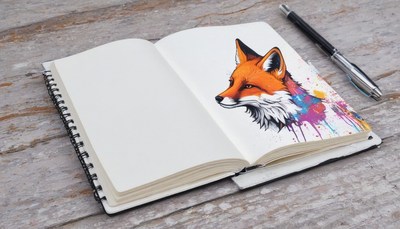 Fox drawing in open notebook