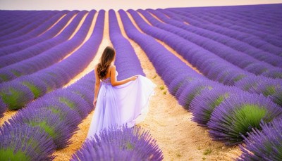 Woman walking through lavender field