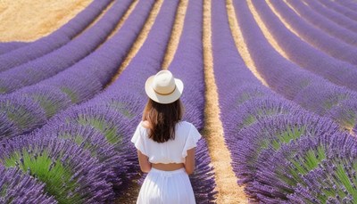 Woman walking through lavender field
