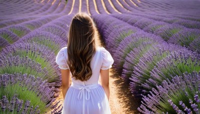 Woman walking through lavender field