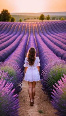 Woman walking through lavender field at sunset