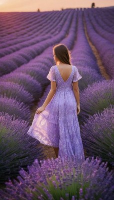 Woman in lavender field at sunset