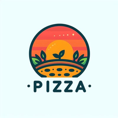 Pizza logo with sunset and plants