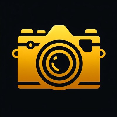 Gold camera icon on black background