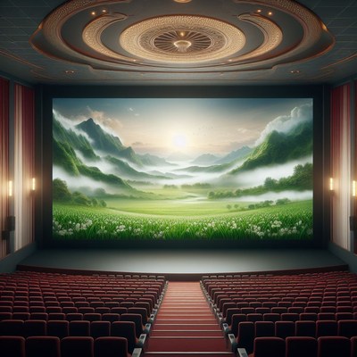 Empty movie theater with mountain scene