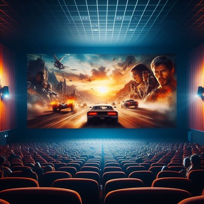 Movie theater showing action film