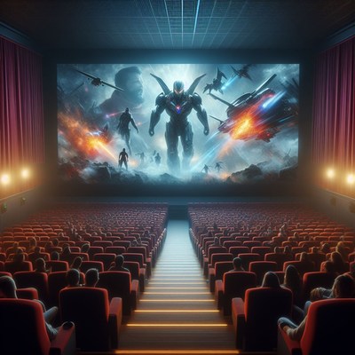 Movie theater audience watching sci-fi film