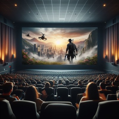 Audience watching action film in theater