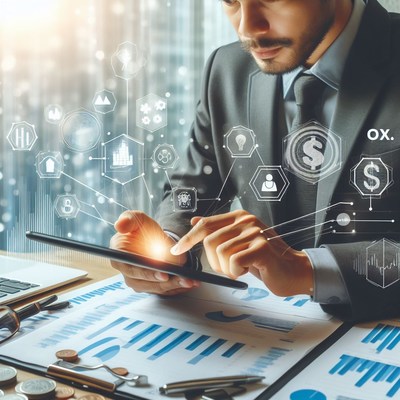 Businessman using tablet with financial data