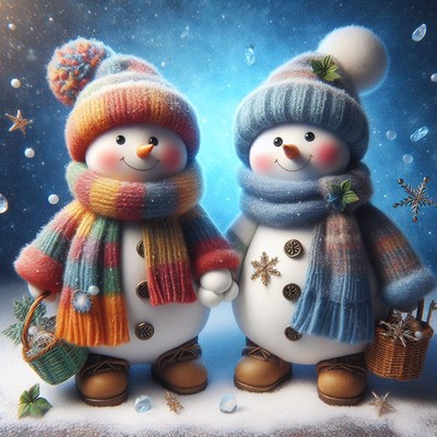 Winter snowmen holding baskets