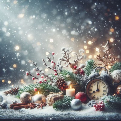 Snowy christmas decor with clock
