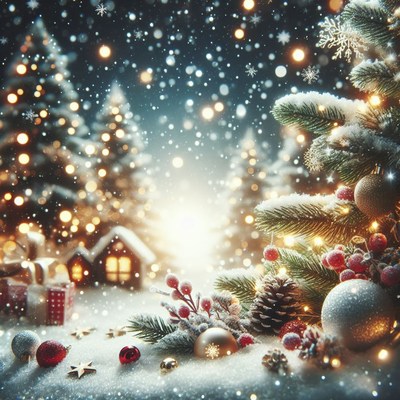 Snowy christmas scene with ornaments