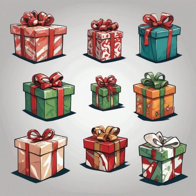 Nine wrapped christmas gifts