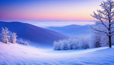 Snowy mountain landscape at sunset