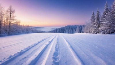 Snowy road through winter forest at dawn