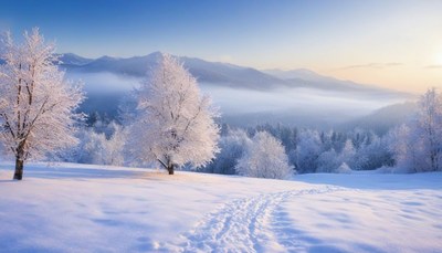 Snowy mountain path at dawn
