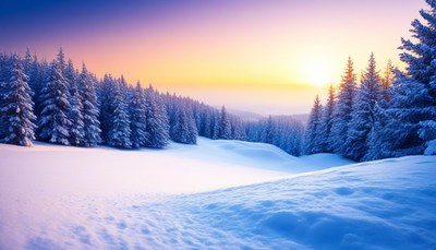 Snowy forest sunset