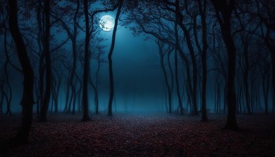 Full moon in a misty forest