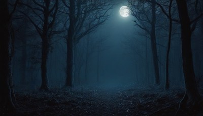Moonlight through forest trees