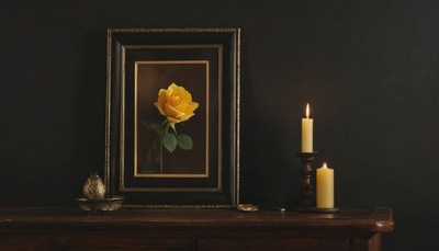 Framed rose and lit candles on mantel