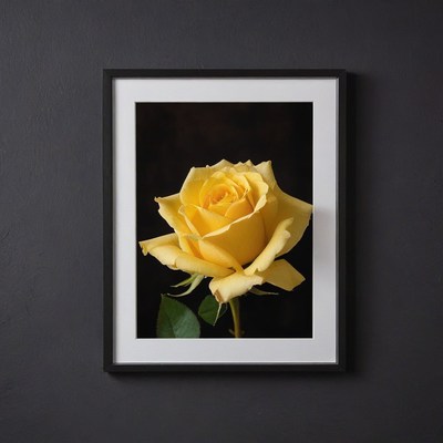 Framed yellow rose against black background