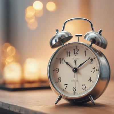 Silver alarm clock on tabletop