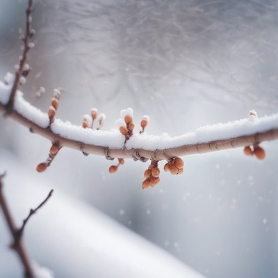 Snow-covered branch with buds