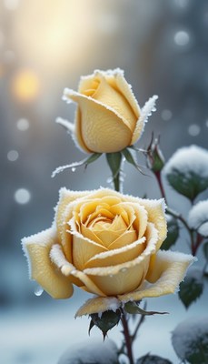 Yellow rose in winter snow
