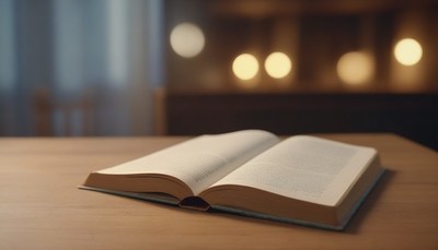 Open book on wooden table at night