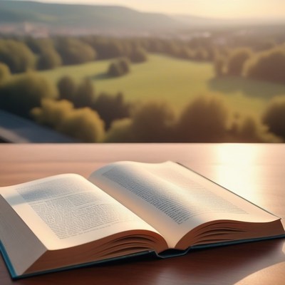 Open book on wooden table with view of field