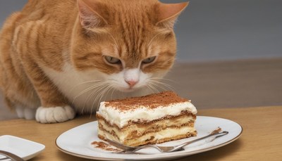 Cat looking at tiramisu