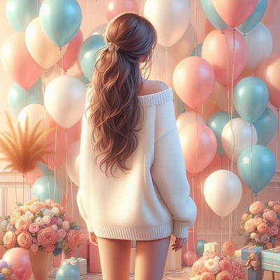 Woman in white sweater with balloons