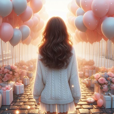 Woman walking through balloon archway