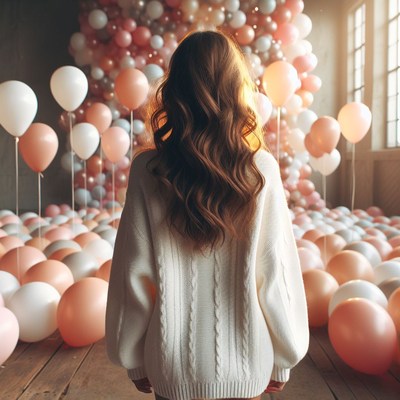 Woman in white sweater surrounded by balloons